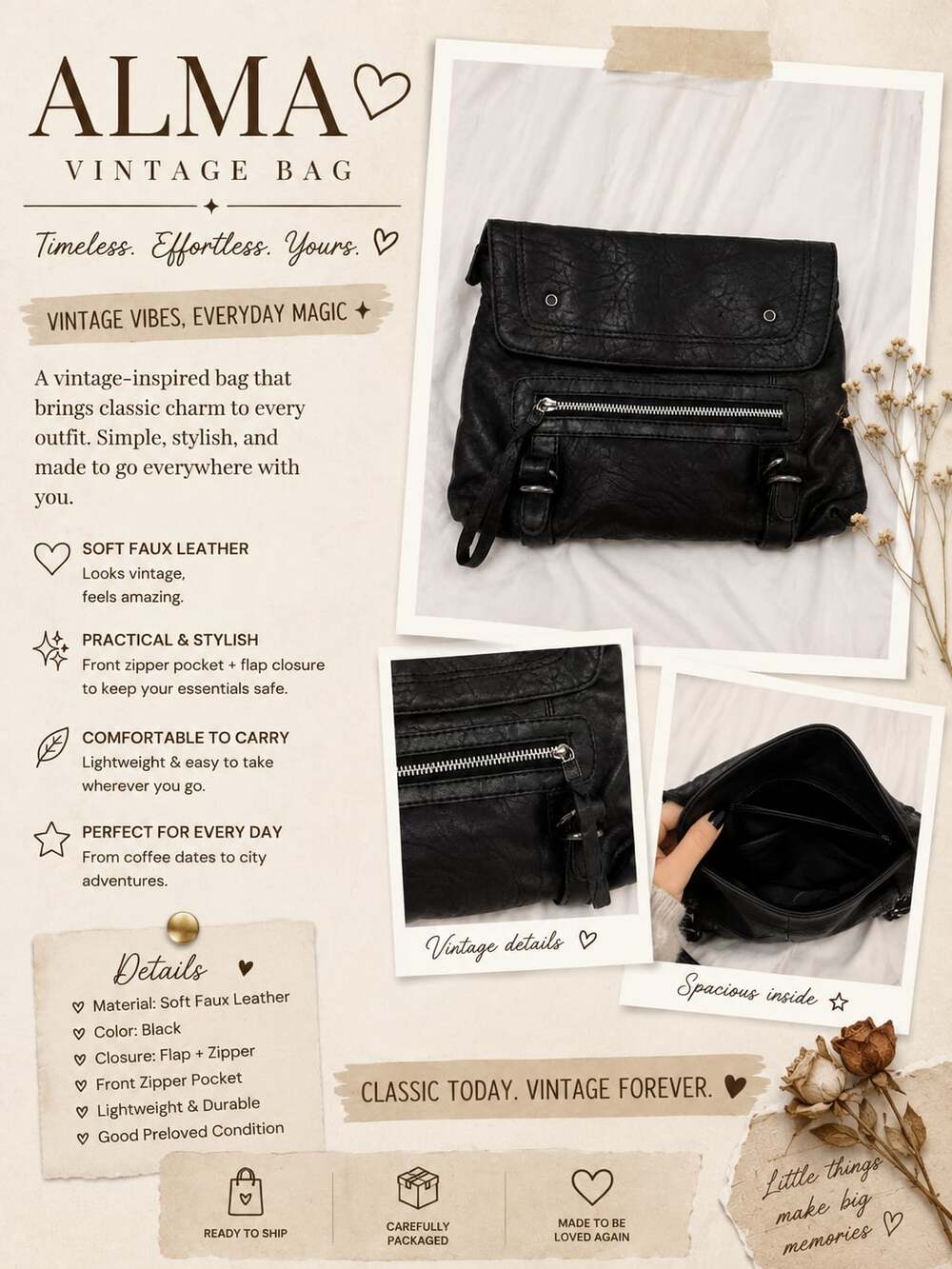 Sorpresa Vintage Style Black Faux Leather bag